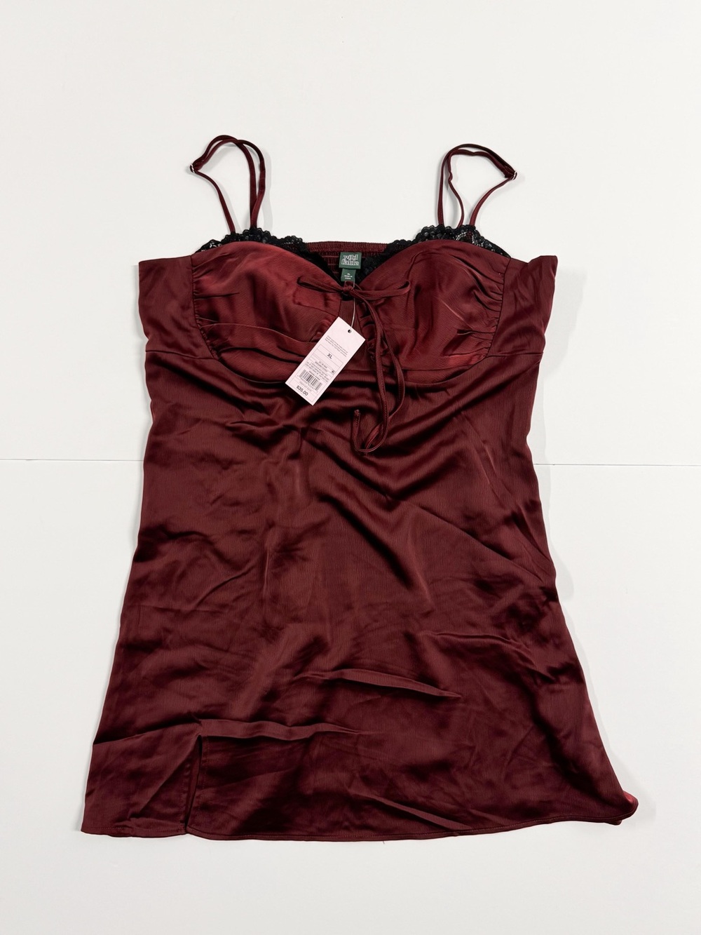 wild fable Wine Satin Slip Mini Dress with Lace Accent